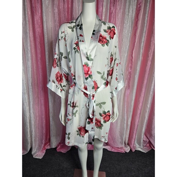 Sophia by Delicates  Kimono Short Rose Floral Semi Sheer Robe Size Medium - Picture 2 of 12